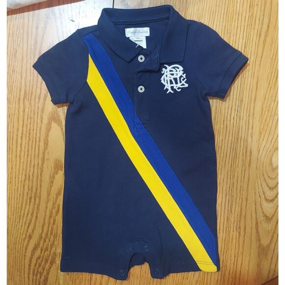 Ralph Lauren 1Pc Shortall Romper Navy Blue Yellow Royal Diagonal Stripe Size 6M - Picture 8 of 8